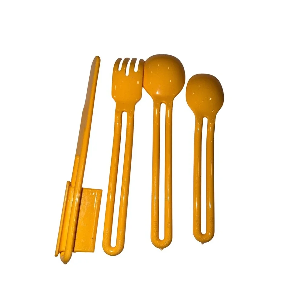 2 Vintage 1986 IDC Marketing Yellow Plastic Nesting Camping Flatware Made in USA